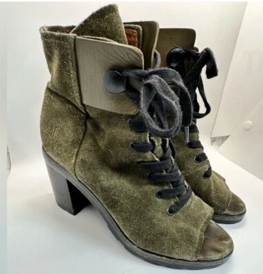 Botines con cordones Frye Danica Lug Combat Peep Toe talla 6 M gamuza verde oliva $358 Foto 1 de 4