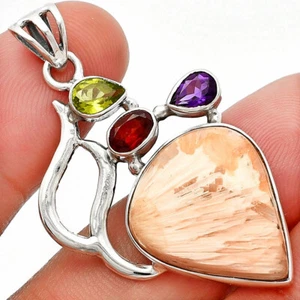 Orange Scolecite, Peridot, Amethyst & Garnet 925 Silver Pendant Jewelry P-1290 - Picture 1 of 5