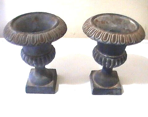 Antique Pair 2 French Victorian Cast Iron Urn Small Miniature 5” Great Patina Cover