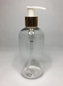 300ml PET Clear Plastic Boston Bottle & shiny Gold/White Lotion Pump ANY AMOUNT - Picture 1 of 1
