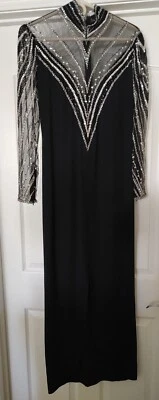 Bob Mackie Art Deco Black Formal Gown Cigar Mandarin Neck Deep V Size 8 - Image 1 of 4