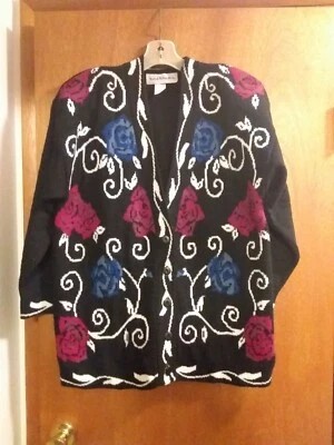 Cárdigan Suéter De Colección Norton McNaughton Negro, Azul Magenta Flores Talla L Foto 1 de 4