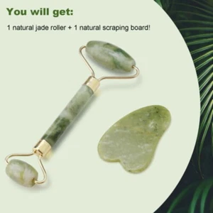 Natural Jade Crystal Beauty Face Facial Roller Massager Tool + Gua Sha Board Set - Picture 1 of 11