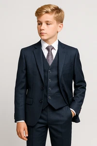Boys Navy Textured Weave Suit Tailored Fit 5 Piece Set Wedding Prom Party Outfit - Picture 1 of 4