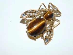 VINTAGE GOLDFARBENE, TIGERAUGE UND STRASS BIENE BROSCHE ANSTECKNADEL - Bild 1 von 5