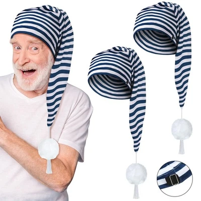 Gorra de noche para hombre 2 piezas sombrero de pijama a rayas gorras ajustables para dormir con pompón Foto 1 de 4