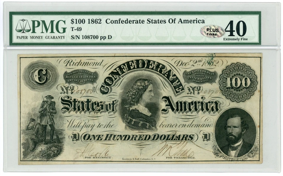1862 T-49 $100 The Confederate States of America Note - CIVIL WAR Era PMG XF 40 - Image 1 of 2