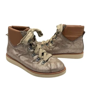 Bionica 7.5 Natick Metallic Taupe Snakeskin Suede Leather Lace Up Ankle Boots - Picture 1 of 10
