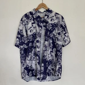 Mens Skulls & Flowers Shirt - Short Sleeve - Size XL - Blue White - Picture 1 of 3
