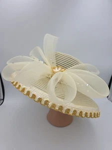 Vintage Mr. Hi's Hut klassisch creme gold Kirche Pailletten 21" Passform rund Stroh Damen - Bild 1 von 14