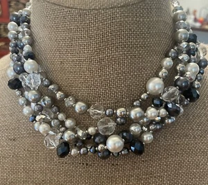 White House Black Market 5 Strand Faceted Graduated Clear Black Crystal Necklace - Picture 1 of 5