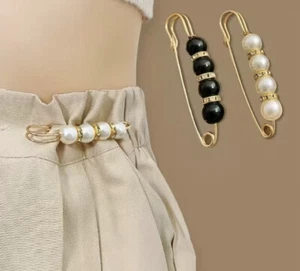 Rhinestone Pearl Safety Pin Brooch Scarf Cardigan Sweater Clip Pants Black New - Picture 1 of 15