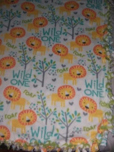 Wild One Lions Trees WARM HANDMADE 2 layer fringe tie blanket/throw BABY 60"×68" - Picture 1 of 4