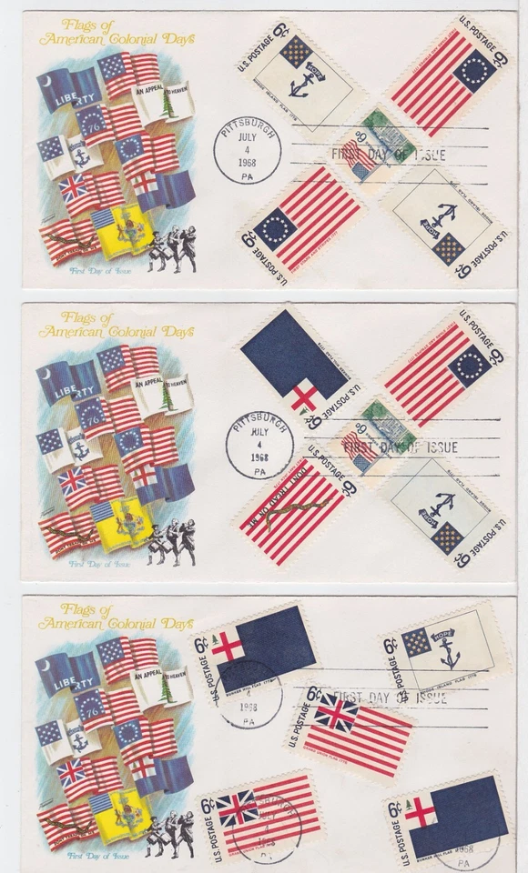 TurtlesTradingPost- Colonial Flags 1968 #1345-46 FDC Fleetwood Cachet- 3 Covers! - Image 1 of 1