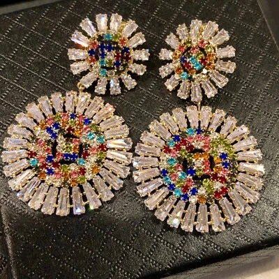 18k Gold Plated Multicolor Hoop Earrings made w Swarovski Crystal Festive Gift - Image 1 of 4