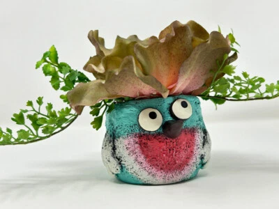 4" BLUE Blob House Beautiful Birds pot planted WITH soft faux PINK Echeveria Suc - Image 1 of 4
