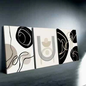 3pcs Boho Art Beige Black Line Wall Art Abstract Mid Century Canvas Unframed - Picture 1 of 9