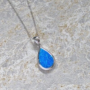 Blue Opal Teardrop Solid 925 Sterling Silver Pendant Necklace Mothers Day - Picture 1 of 1