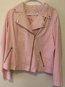 Isaac Mizrahi Seersucker Motorcycle Jacket 14 Pink & White-Cute-Great For Spring - Picture 1 of 13