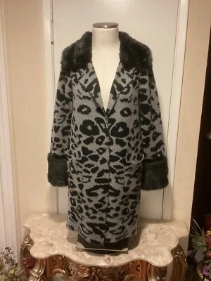 Boston Proper Gray Black Leopard Animal Print Faux Fur Cardigan Coat  S Small - Image 1 of 3