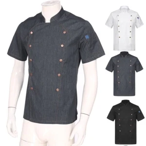Men Chef Coat Short Sleeves Double-Breasted Kitchen Uniform Catering Shirt - Picture 1 of 47