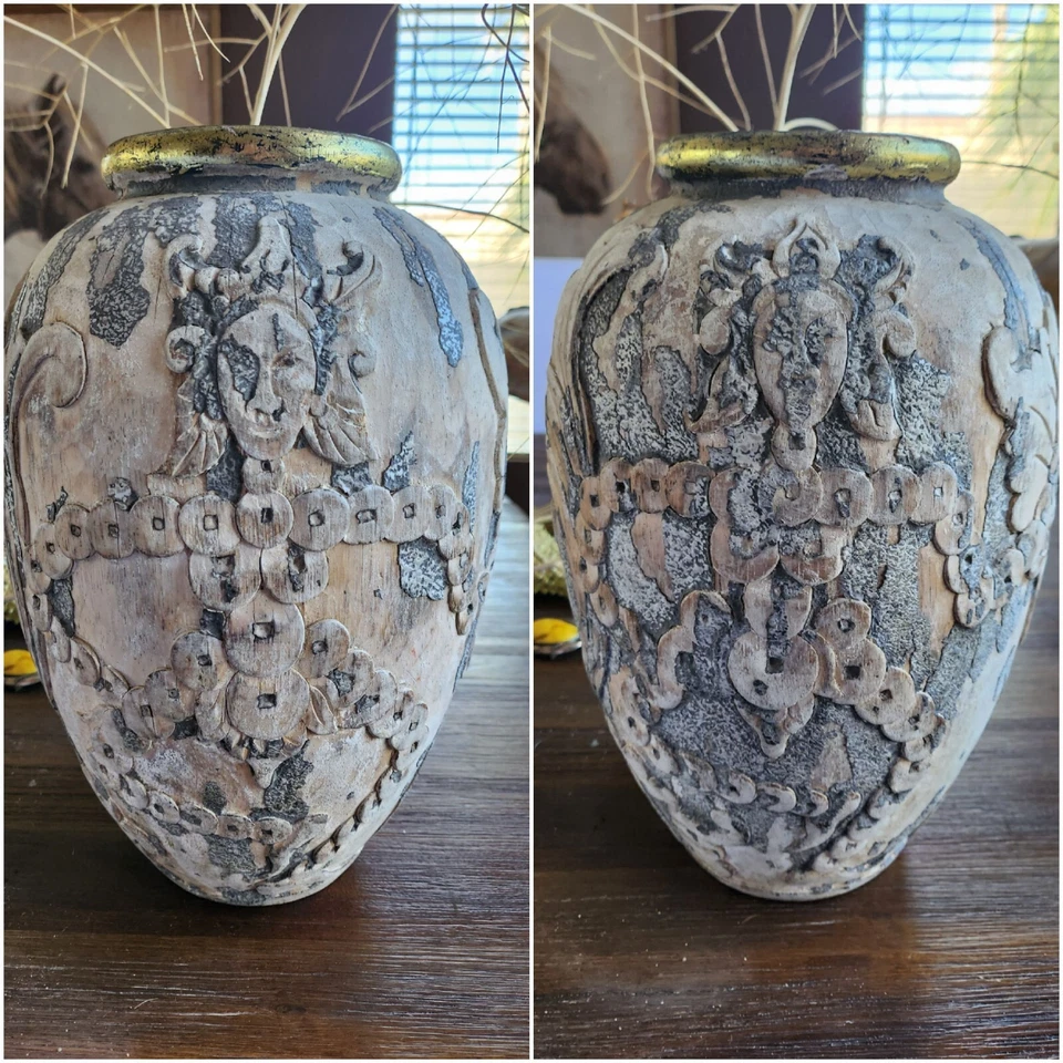 Antique Hand Carved Asian Wooden 13" Chinese Vase Vessel Feng Shui Goodluck Coin - Image 1 of 4