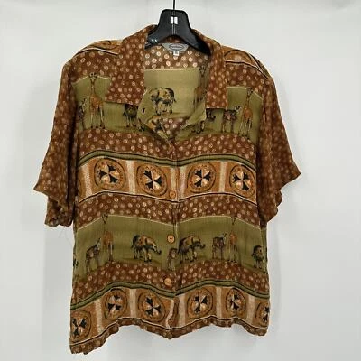 Camisa feminina Stonebridge vintage com botões tamanho XL animais de safári manga curta - Imagem 1 de 4