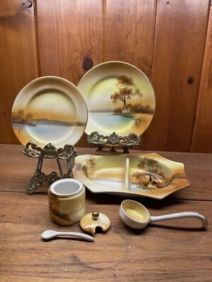 Noritake Japan Tree In The Meadow 7 Piece Lot Hand Painted 1930s Plate Divided + - Image 1 of 4