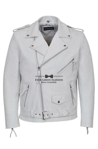 Chaqueta de cuero blanca para hombre BRANDO clásica motociclista inteligente ajustada cuero de piel real - Imagen 1 de 8