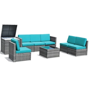 8PCS Wicker Rattan Furniture Set Patio Sofa Set w/Coffee Table Garden Turquoise - Picture 1 of 10