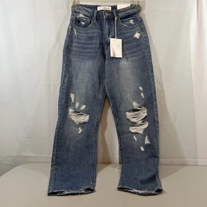 Kancan 90s Boyfriend Jeans Medium Wash Distressed High Rise Size 1/24 NWT - Picture 1 of 21