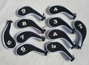 AU Set of 10 Golf Club Iron Head Covers - 3 colours - Long Neck with Zip - Picture 1 of 13