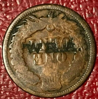 COUNTERSTAMPED W R A 1865 INDIAN HEAD CENT-OLD US COIN-DEC252 - Image 1 of 2