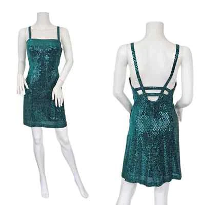 All That Jazz 1990's Teal Sequin Cage Back Mini Slip Dress I Sz Med - Image 1 of 4