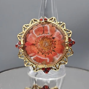 Encased Flower Dome Ring Sz 10.5 Stainless Steel Two Tone Metal Orange Petal - Picture 1 of 14