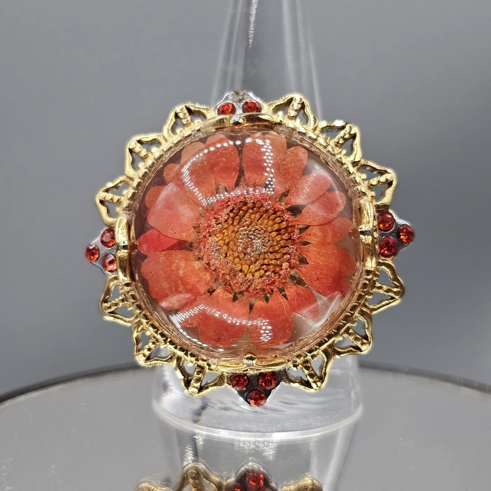 Encased Flower Dome Ring Sz 10.5 Stainless Steel Two Tone Metal Orange Petal - Image 1 of 4