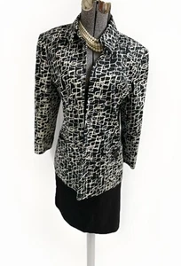 Tahari ASL Skirt Suit Size 16 Two Piece Set Cotton Blend Pockets Open Front B&W - Picture 1 of 24