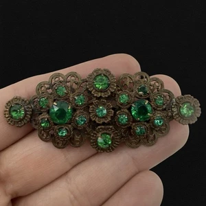 Vintage 1930s 🖤 PAT PEND Green Czech Glass BROOCH PIN Bohemian FIligree Neiger - Picture 1 of 20