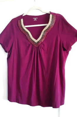 ST JOHN'S BAY 1X Top Wine Purple Beaded Stretchy Short Sleeve Pullover - Image 1 of 3