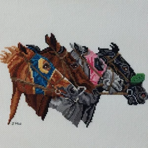 Horse Racing Finished Completed Cross Stitch Needlework 3 Thorougbred Horses 12" - Picture 1 of 12
