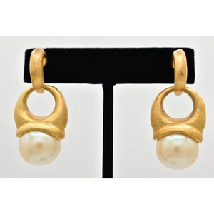Vintage Pearl Drop Earrings Dangle Brushed Gold Matte Hoop Chunky NOS 1980s A23 - Picture 1 of 12