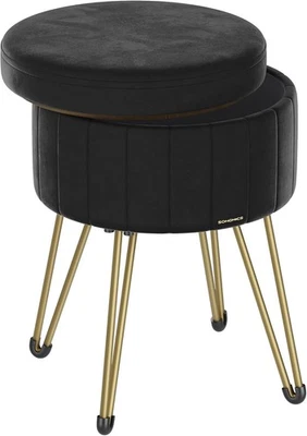 Ink Black Velvet Storage Ottoman Round Stool Dressing Table Seat 39cm - Image 1 of 4