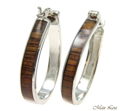 Pendientes de aro ovalados de latón chapado en rodio hawaiano de madera Koa 25x33 mm cierre a presión Foto 1 de 4