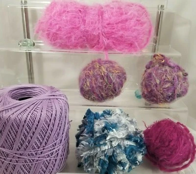 Lot of 6 Mixed Pink Purple Blue YARN Balls Skeins including Crochet & furry stri - Image 1 of 4
