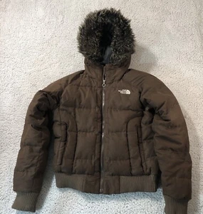 The North Face Women Jacket Medium Goose Down Hood Puffer With Front & Back Logo - Picture 1 of 14