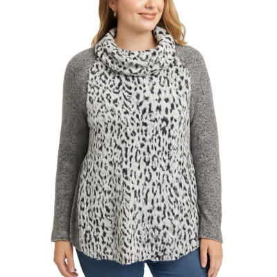 Suéter túnica cuello capucha estampado animal One World XXL gris blanco leopardo suave acogedor Foto 1 de 4