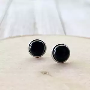 Black Onyx Agate 8mm Stainless Steel Stud Earrings - Picture 1 of 4