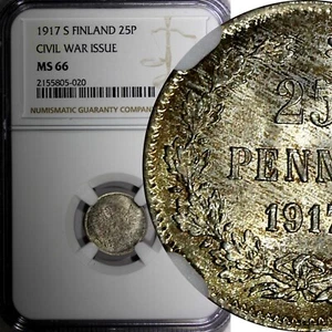 Finland  Silver 1917 S 25 Pennia Civil War Coinage NGC MS66 GEM BU  KM#19 (20) - Picture 1 of 5