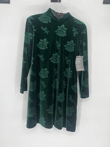 CITI DRESS Vintage 80s EUC Women's Size 14 Green Velvet Rose Imprint Dress - Picture 1 of 4