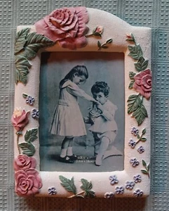 3D Textured Floral Picture Frame NEW Pink Roses 5" x 7" Cottage Chic White Green - Picture 1 of 9